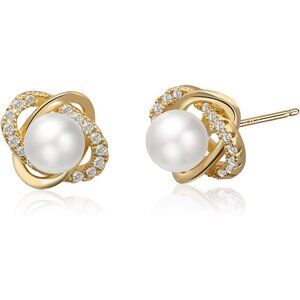 Women Pearl Stud Earrings 14K Gold Plated Sterling Silver Post Four Leaf Clover